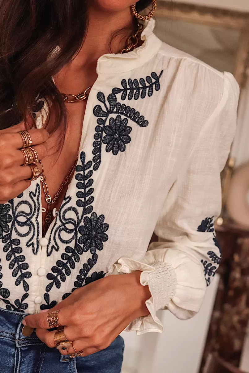 Intemporel Shop Blouse Monica brodée bleu marine Clearance
