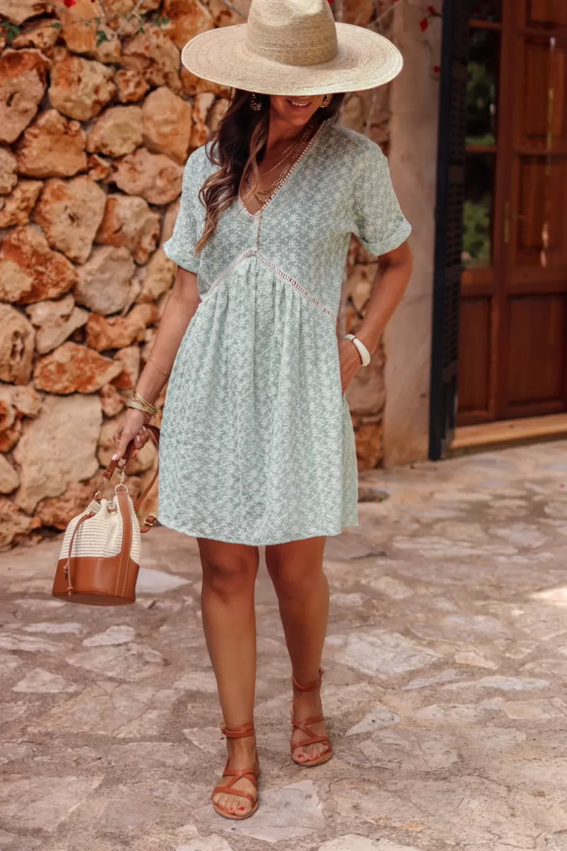 Intemporel Shop Robe Flavia vert d’eau brodée New